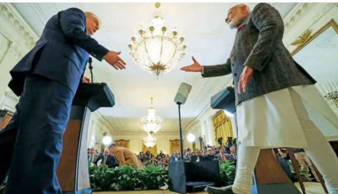 Donald Trump with Narendra Modi discussing US-India trade relations